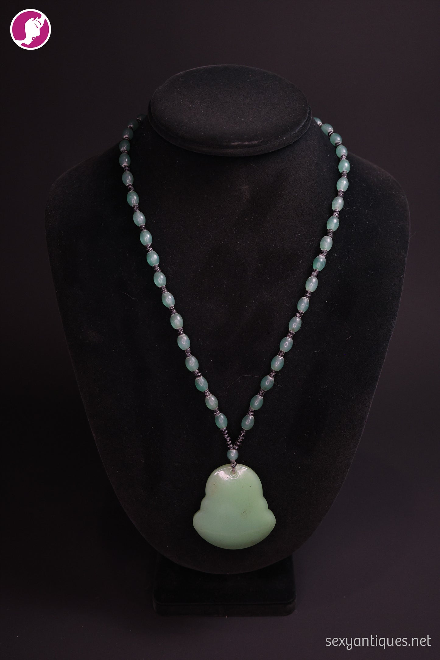 Vintage Carved Green Stone (Jade) Laughing Buddha Pendant Necklace