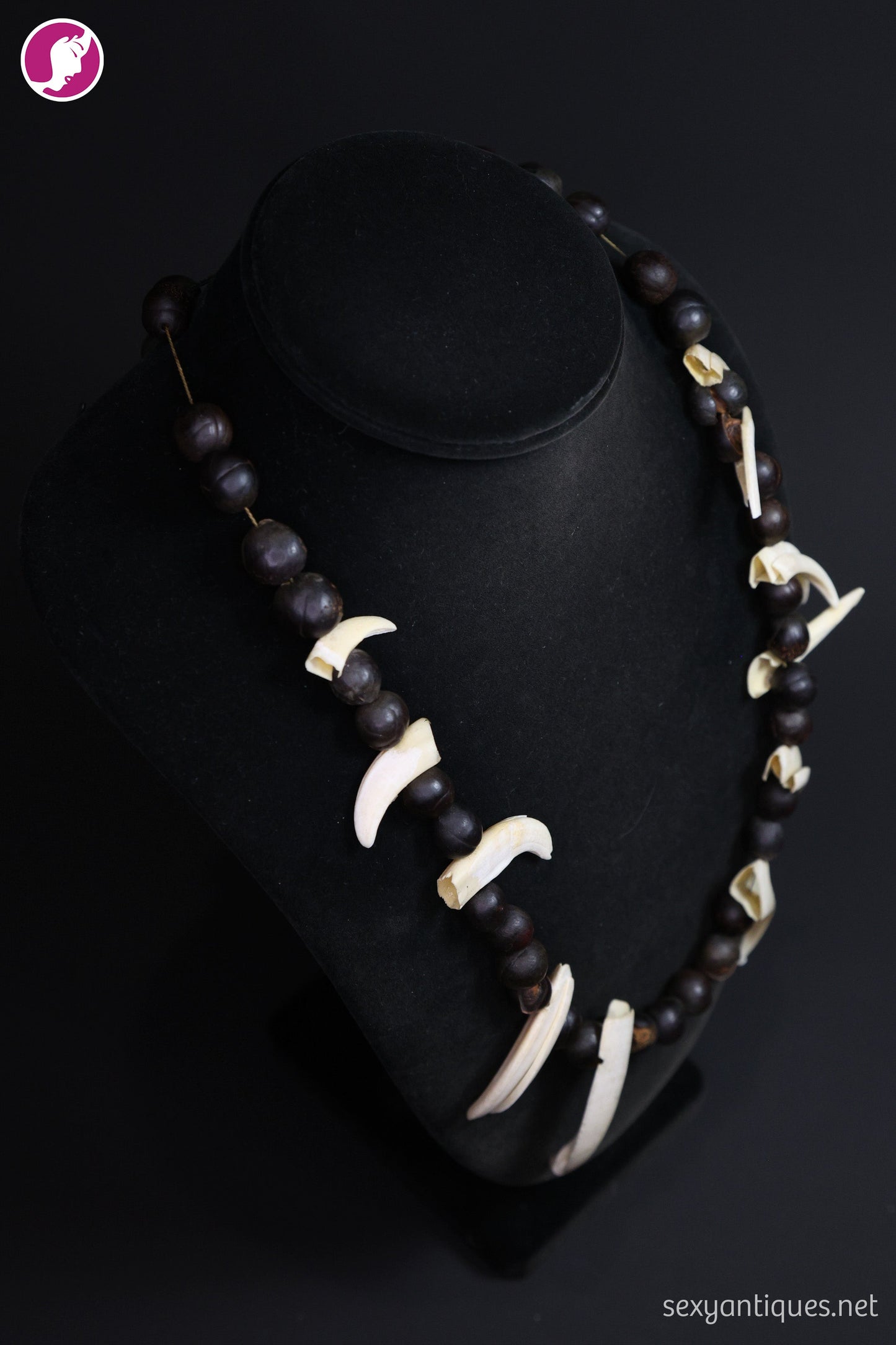 Aged boar tusks ranging one to three inches on antique handmade statement necklace, product photograph