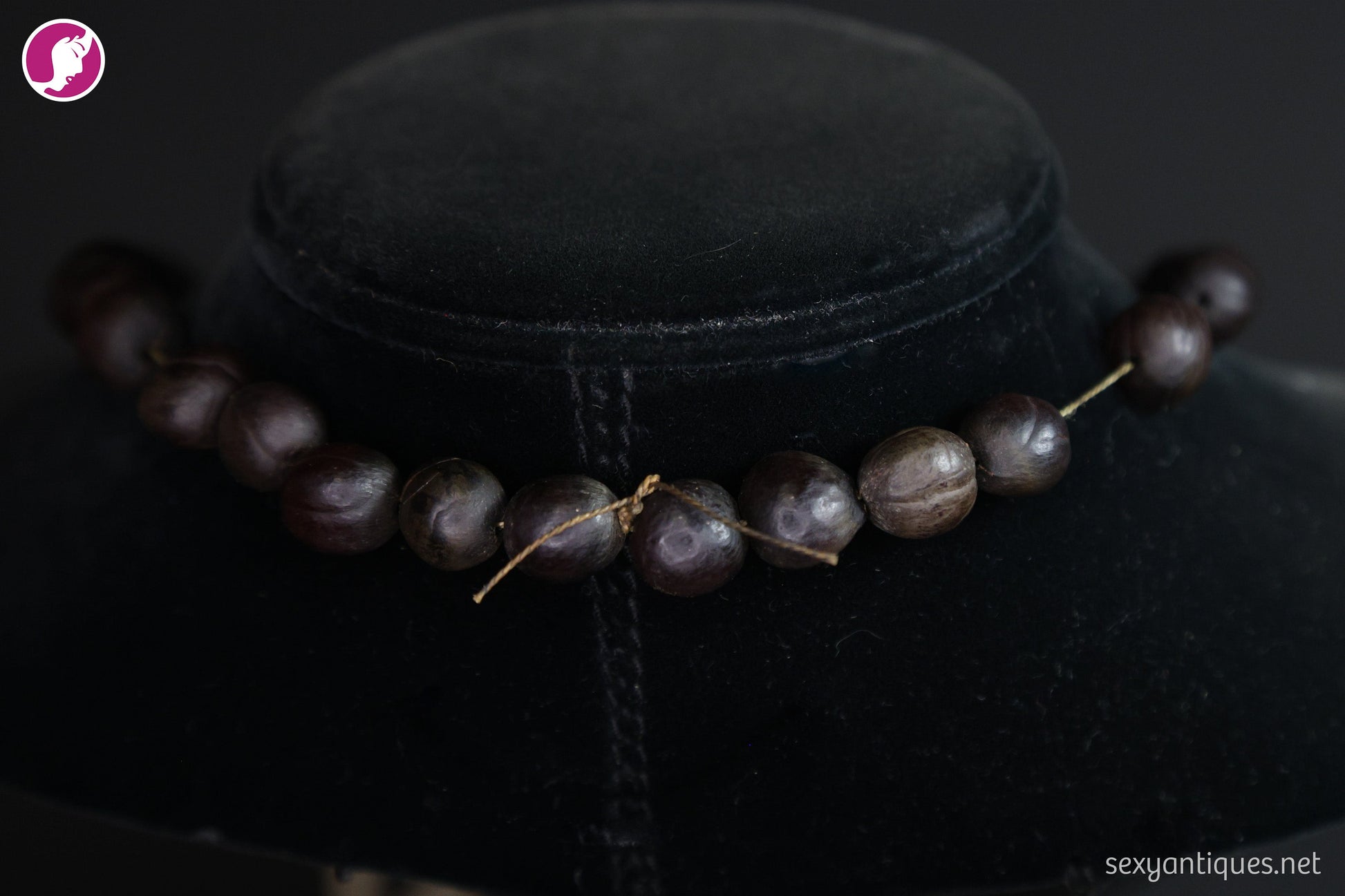 Flat lay of vintage boar tusk and natural seed pod necklace showing full length and knotted closure