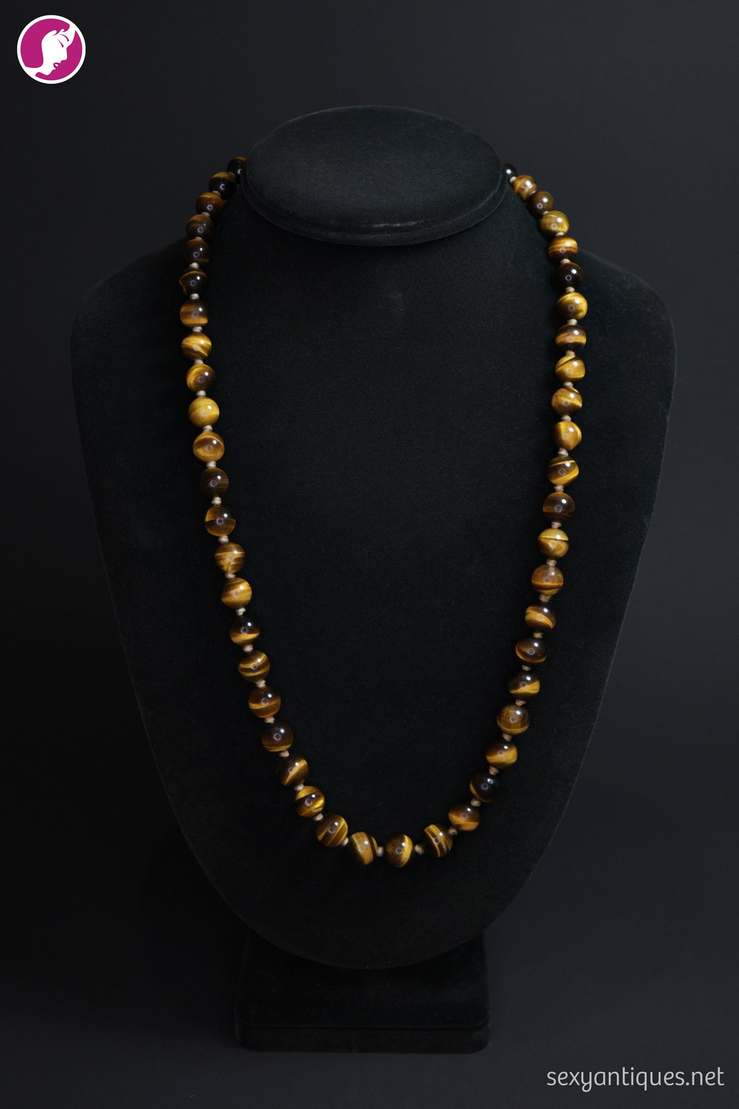 Vintage Hand-Knotted Tiger's Eye Beaded Necklace with Silver Clasp