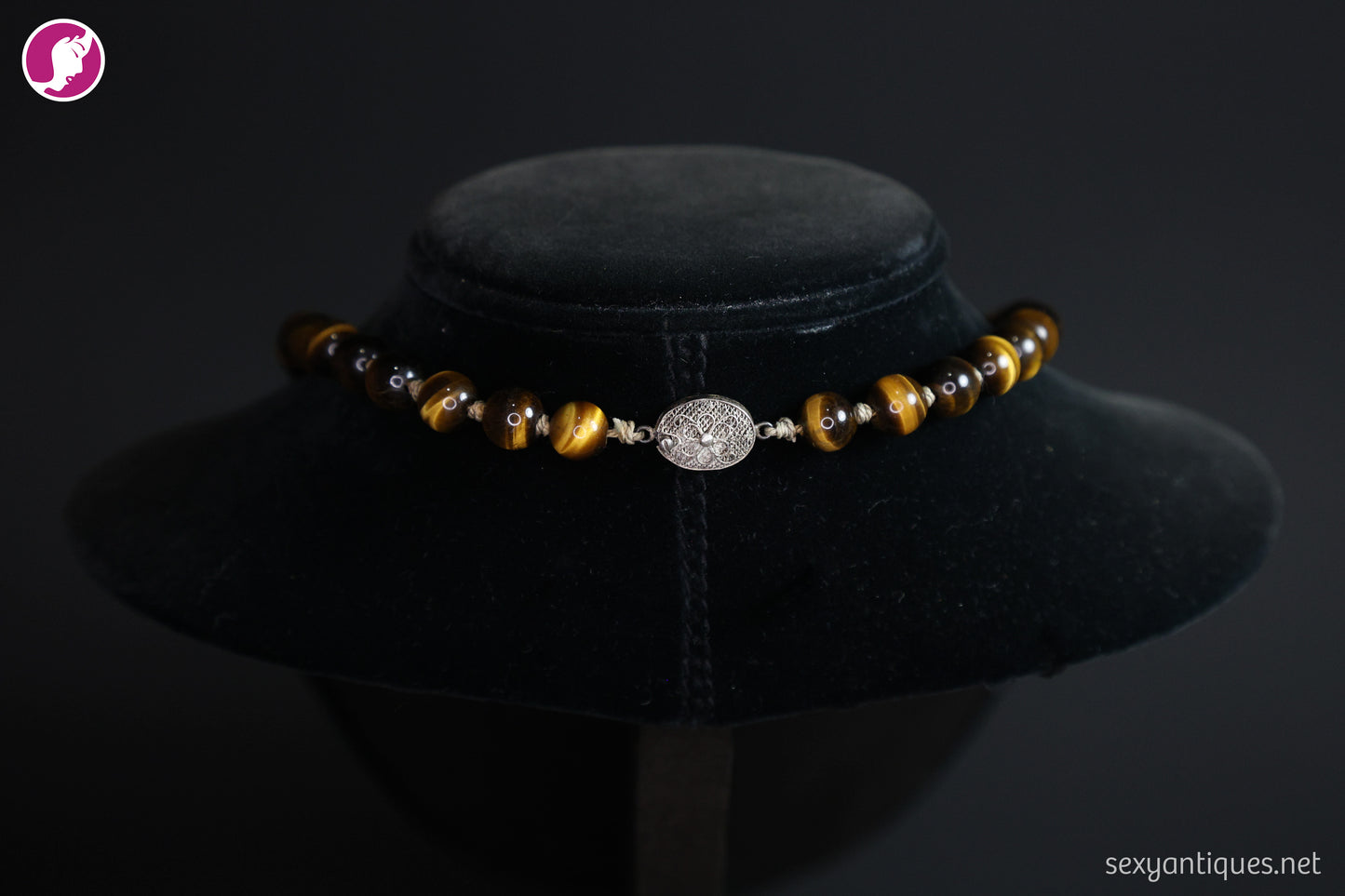 Vintage Hand-Knotted Tiger's Eye Beaded Necklace with Silver Clasp