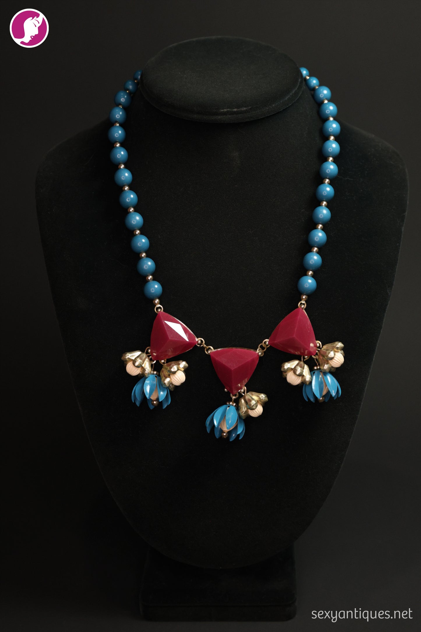 Vintage Teal Lucite Statement Necklace with Drop Cluster Detail