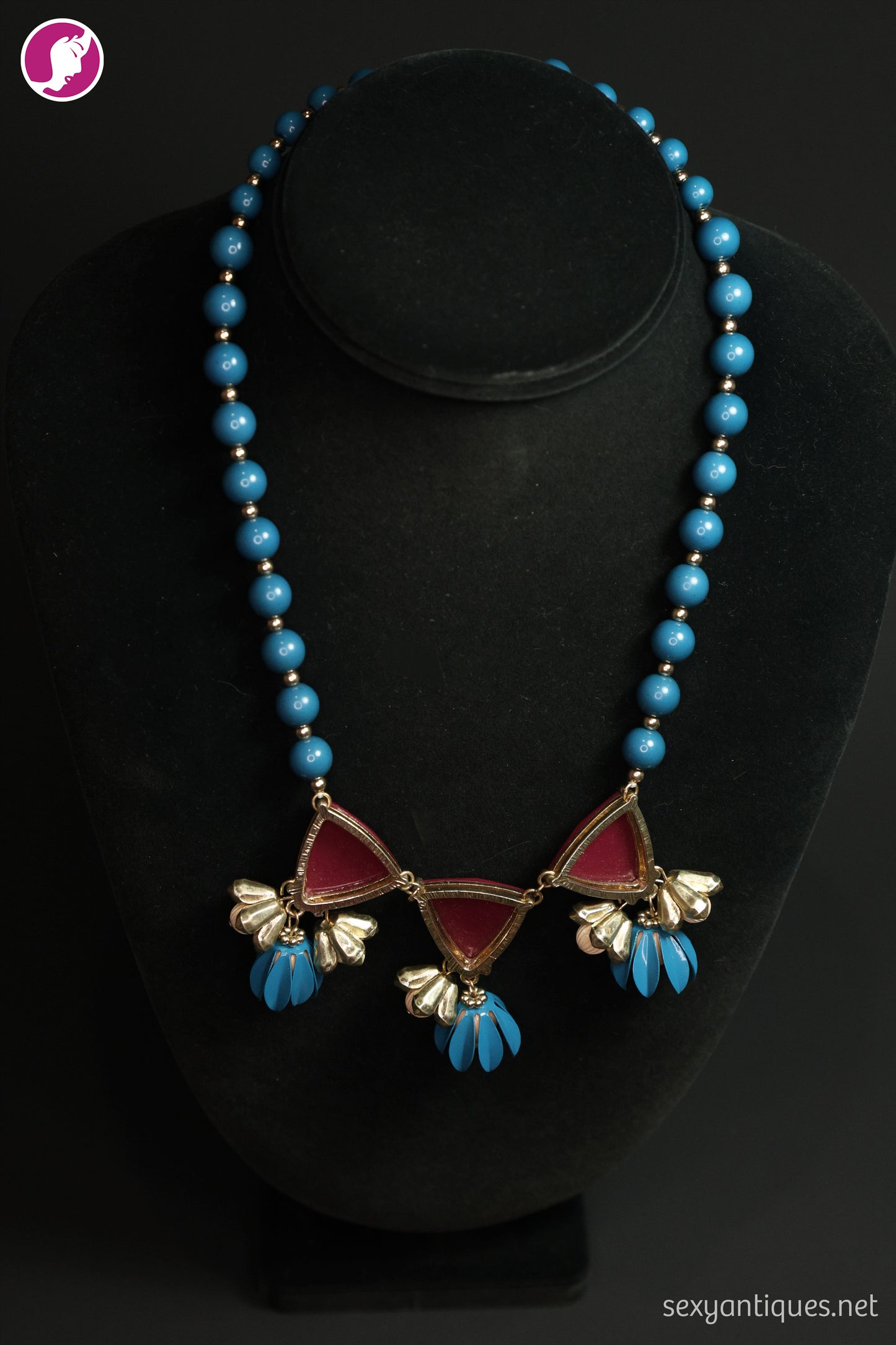 Vintage Teal Lucite Statement Necklace with Drop Cluster Detail