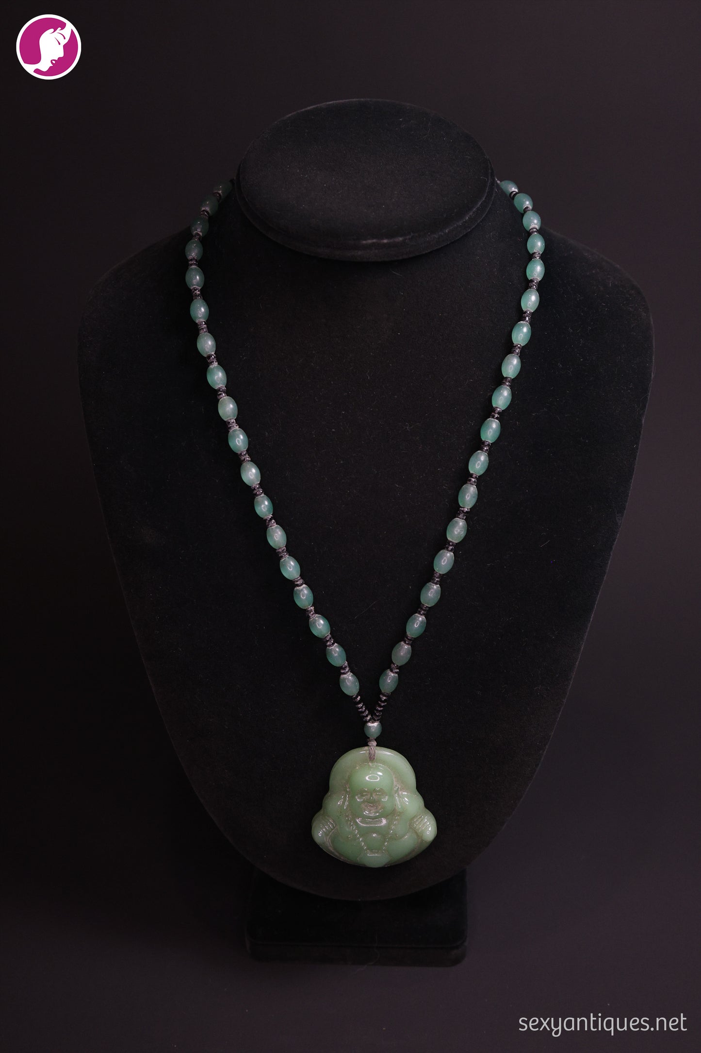 Vintage Carved Green Stone (Jade) Laughing Buddha Pendant Necklace
