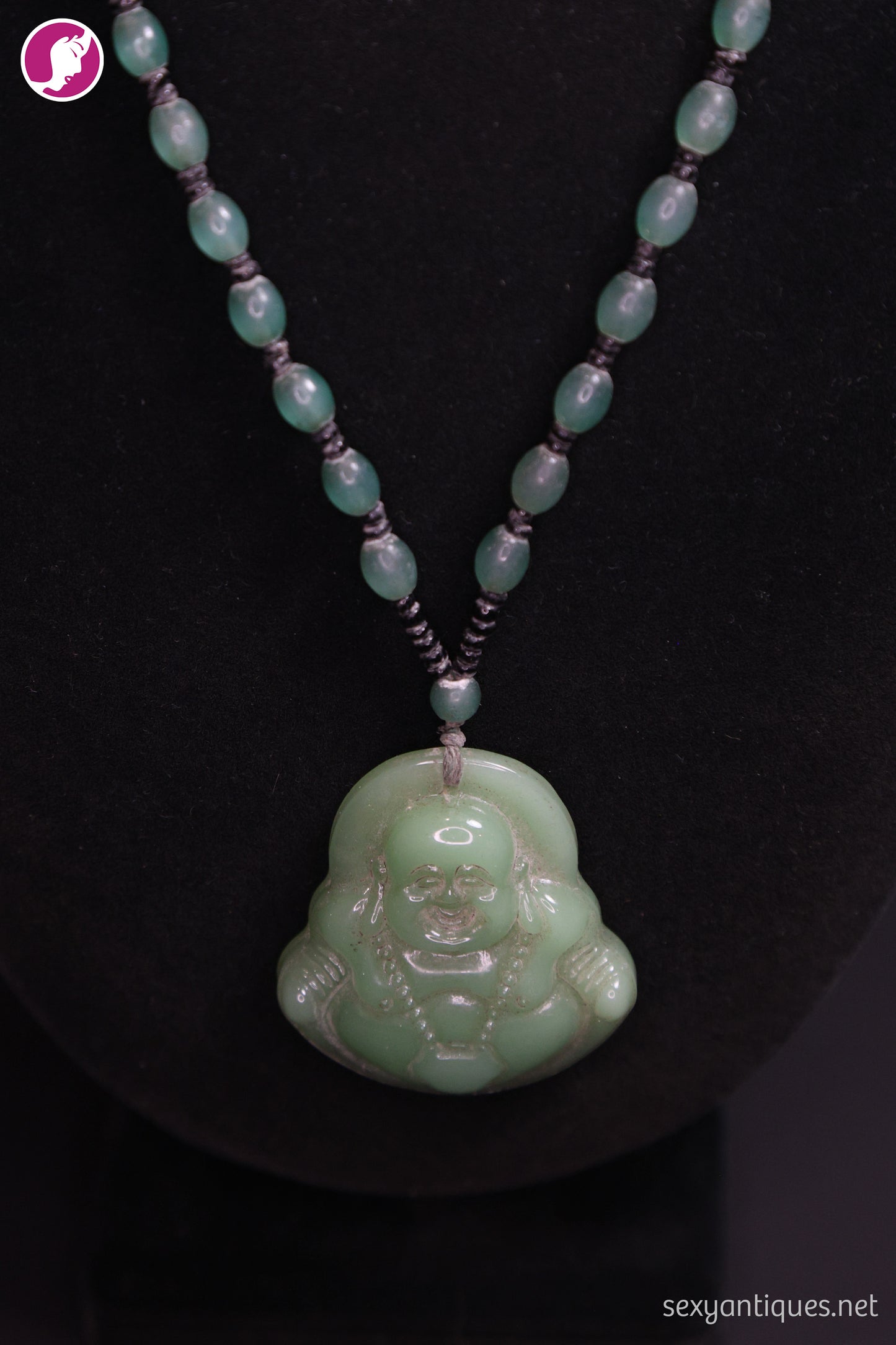 Vintage Carved Green Stone (Jade) Laughing Buddha Pendant Necklace