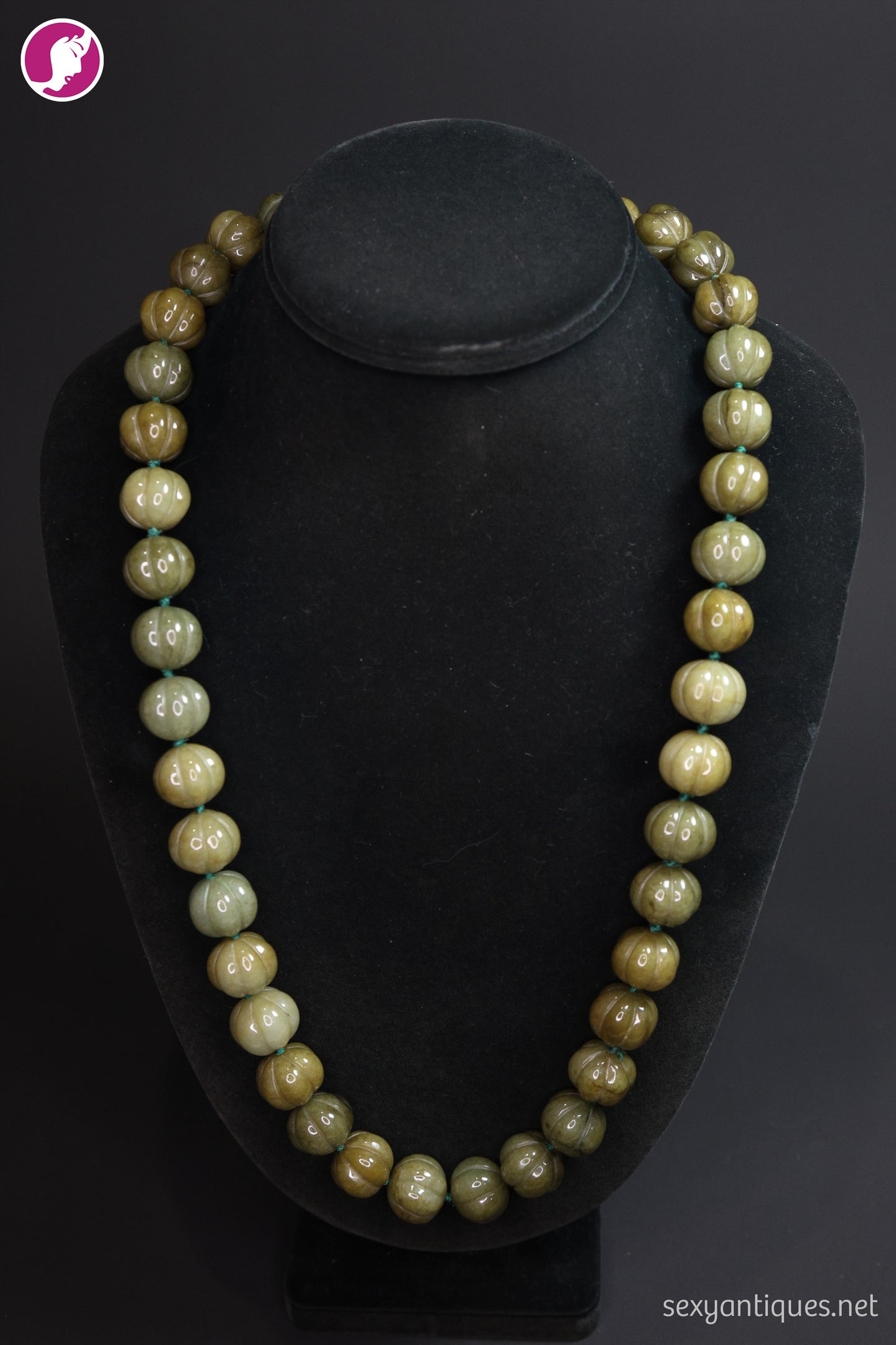 Vintage Chinese Carved Melon Bead Stone Necklace