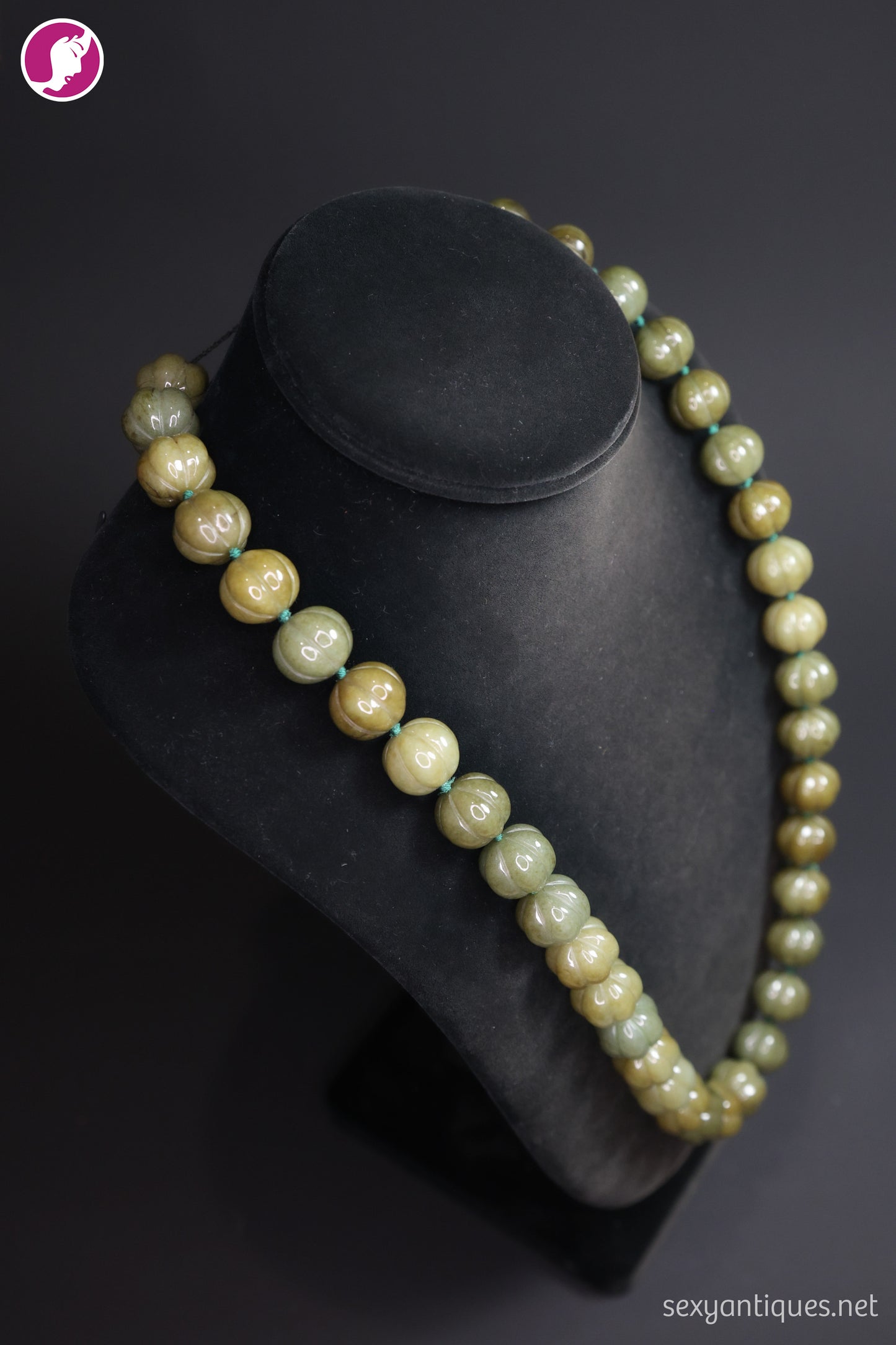 Vintage Chinese Carved Melon Bead Stone Necklace