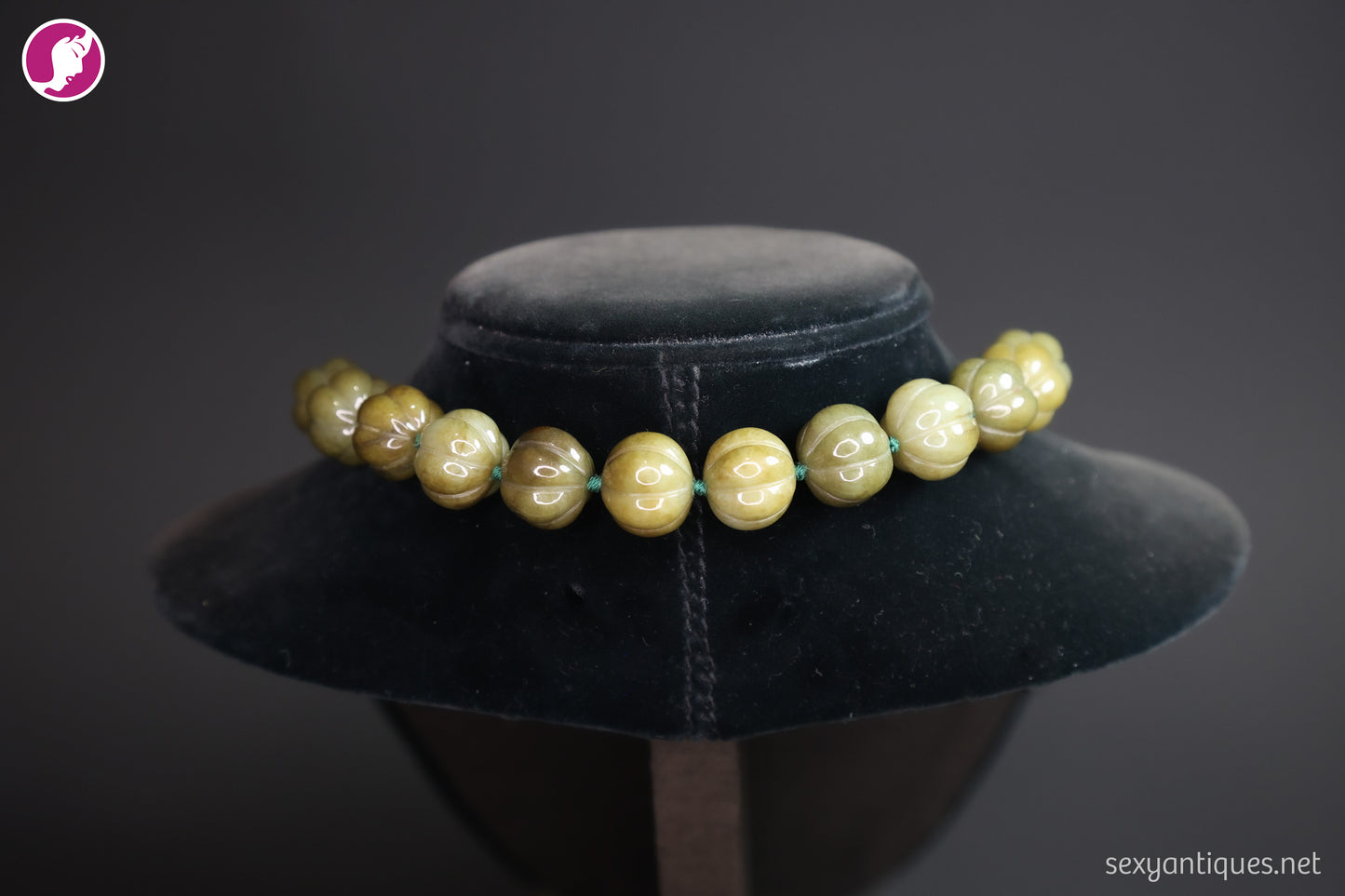 Vintage Chinese Carved Melon Bead Stone Necklace